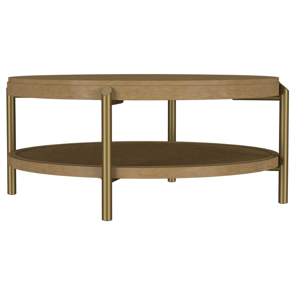 English Elm Benson Round Coffee Table with Rattan Shelf Brass Legs and Bold Matte Finish Sand B062P440110