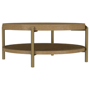 English Elm Benson Round Coffee Table with Rattan Shelf Brass Legs and Bold Matte Finish Sand B062P440110