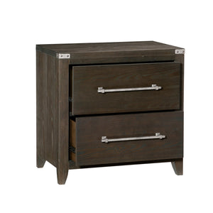 English Elm Dark Brown Bellamy Nightstand with 2 Drawers, Ash Veneer Finish and Mottled Silver Bar Pulls — Modern Transitional Bedroom B011P212249