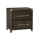 English Elm Dark Brown Finish 1 Piece 2 Drawers Nightstand Mottled Silver Tone Bar Pulls Modern Transitional Bedroom Furniture