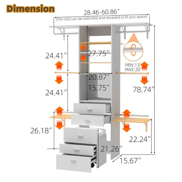 English Elm Closet Organizer System with Mirror Vanity Stool 4 Drawers and Adjustable Hanging Rods B2770P495384