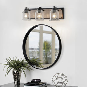 English Elm 23" Farmhouse Vanity Light Fixture – 3-Light Industrial Wall Sconce with Clear Seeded Glass, Black Woodgrain Finish W2312P374826