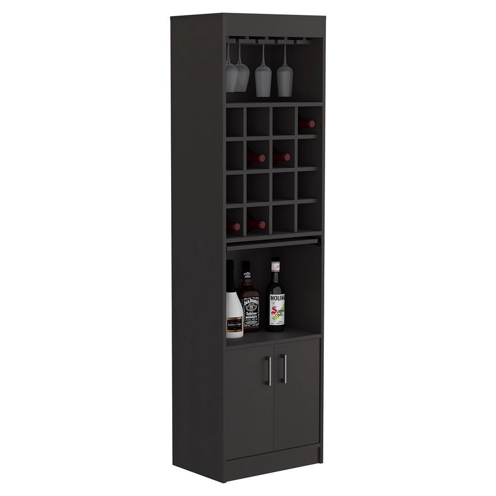 English Elm Kava Solid-Style Bar Cabinet with 16 Wine Slots, Glass Rack, Two Doors & Shelves in Black Finish B097S00177