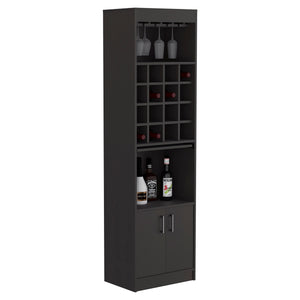 English Elm Kava Solid-Style Bar Cabinet with 16 Wine Slots, Glass Rack, Two Doors & Shelves in Black Finish B097S00177