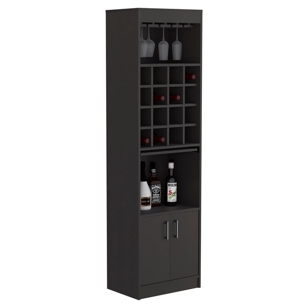 English Elm Kava Solid-Style Bar Cabinet with 16 Wine Slots, Glass Rack, Two Doors & Shelves in Black Finish B097S00177