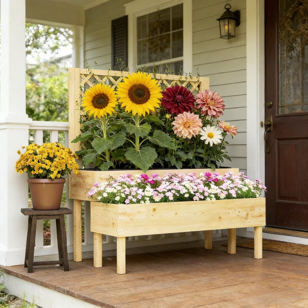 English Elm Patio Fir Wood Tiered Raised Garden Bed with Built-in Trellis for Climbing Plants T3971P476916