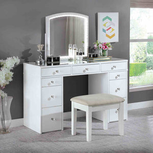 English Elm Contemporary Glam Vanity with Rhinestone Trim and Tempered Glass Top, High Gloss Finish, Illuminated Appeal White 27 L x 23 W x 32 H B2741S00683