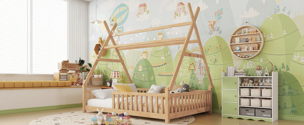 English Elm Full House Kids House Bed with Roof & Fence, Low Floor Solid Pine Frame, Stylish Nightlight Ready Natural 80.91 L x 15.55 W x 6.5 H W2593P296922