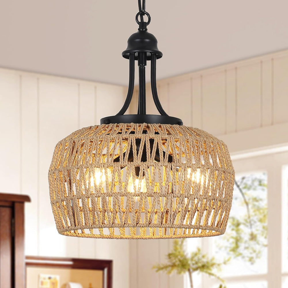English Elm Farmhouse Rattan Chandelier - 3-Light Boho Pendant Light Fixture For Dining Room & Coastal Spaces W2738P185445