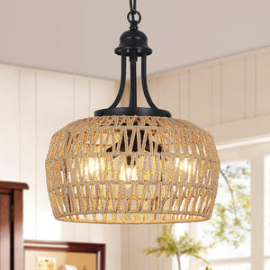 English Elm Farmhouse Rattan Chandelier - 3-Light Boho Pendant Light Fixture For Dining Room & Coastal Spaces W2738P185445