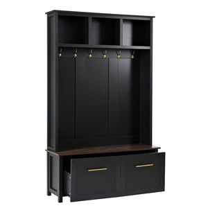 English Elm On-trend Entryway Hall Tree with Gold Hooks Bench Drawers and Shoe Cabinet Storage Black N721S000056B-1