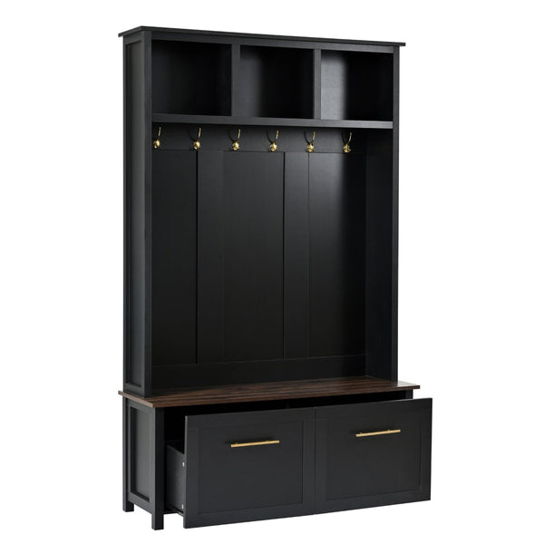 English Elm On-trend Entryway Hall Tree with Gold Hooks Bench Drawers and Shoe Cabinet Storage Black N721S000056B-1