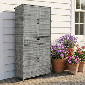 English Elm K&k Tall Arched Pe Rattan Outdoor Storage Cabinet with Adjustable Shelves and Steel Frame Grey N707P420102G