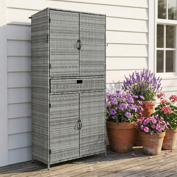 English Elm K&k Tall Arched Pe Rattan Outdoor Storage Cabinet with Adjustable Shelves and Steel Frame Grey N707P420102G