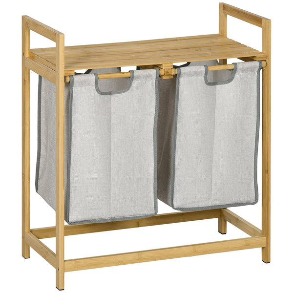 English Elm HOMCOM Bamboo Double Laundry Hamper with 2 Removable 10.7Gal Bags, Top Shelf & Pull-Out Baskets W2225P217083
