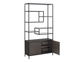Sunpan Stamos Modern Bookcase with Oak Wood Base, Glass Shelves, and Iron Frame for Stylish Storage Solutions Black / Charcoal Grey