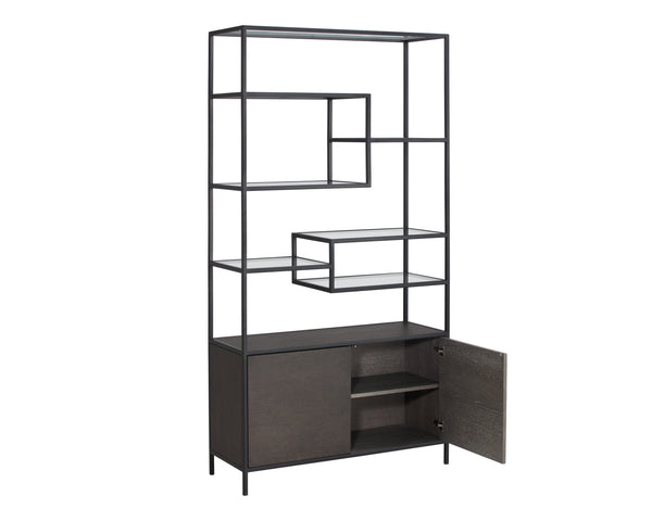 Sunpan Stamos Modern Bookcase with Oak Wood Base, Glass Shelves, and Iron Frame for Stylish Storage Solutions Black / Charcoal Grey