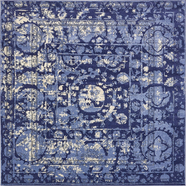 Unique Loom La Jolla Vintage Machine Made Border Rug Blue, Ivory/Navy Blue/Light Blue 7' 10" x 7' 10"
