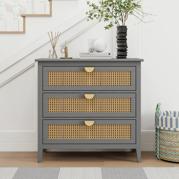 English Elm 3 Drawer Cabinet Solid Wood Veneer & Natural Rattan Finish, Hand-Painted Detail, Anti-Slip Feet for Bedroom Living Room Study (34x18x10 in) Gray W68858065