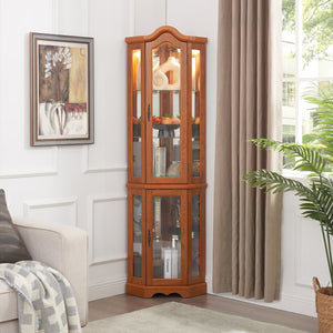 English Elm Lighted Corner Curio Cabinet With Adjustable Shelves & Tempered Glass - Elegant Oak Display Piece W1758P300132