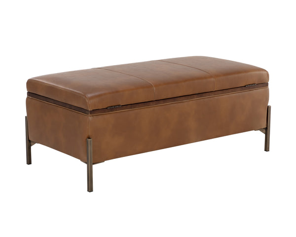 Sunpan Kael Storage Bench – Modern Faux Leather Bench with Antique Brass Legs and Unique Wooden Texture