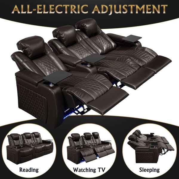 English Elm 93.3"power Recliner Set Nappa Leather Home Theater Seating Rgb Led Smart Charging W3819S00103
