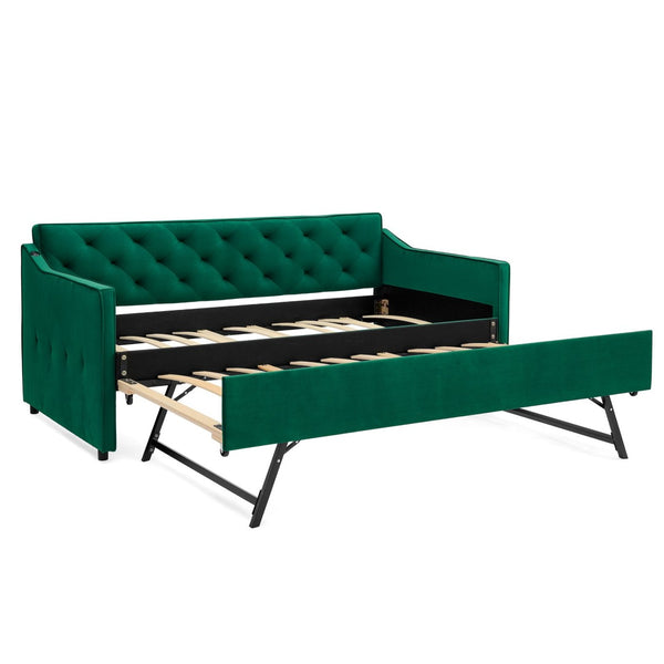 English Elm Twin Linen Tufted Daybed with Pop up Trundle and Usb Port for Guest Rooms Green W1413S00130