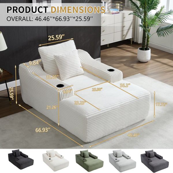 English Elm 67" Corduroy Oversized Chaise Sleeper Sofa Deep Seat Boneless Lounge with Cup Holder Pillows White W1803P409263