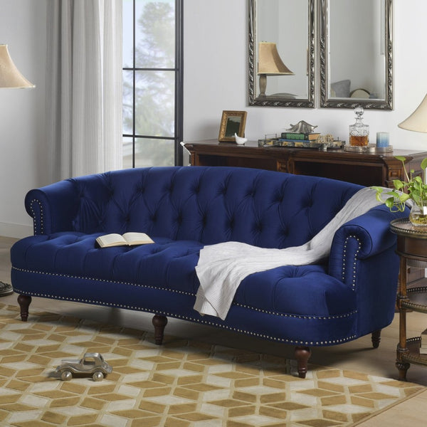 English Elm La Rosa Victorian Chesterfield Sofa Tufted Velvet with Nailhead Trim Formal Seating Navy Blue B2719P238187