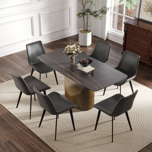 English Elm 63" Modern Artificial Stone Dining Table With Curved Black Panel And Bronze Iron Legs For 6-8 People W1535S00550