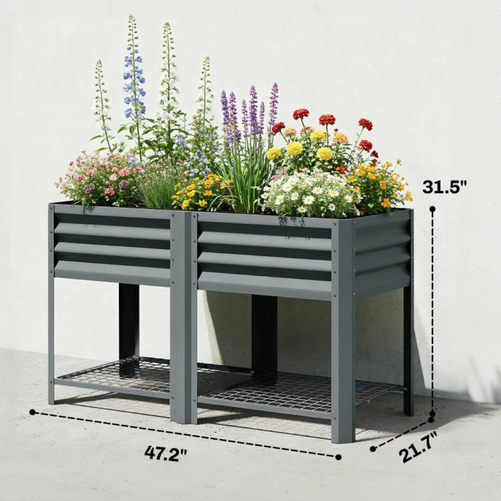 English Elm Planter Box Galvanized Steel Raised Garden Bed with Bottom Shelf for Patio Use T3971P475748