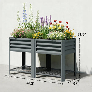 English Elm Planter Box Galvanized Steel Raised Garden Bed with Bottom Shelf for Patio Use T3971P475748