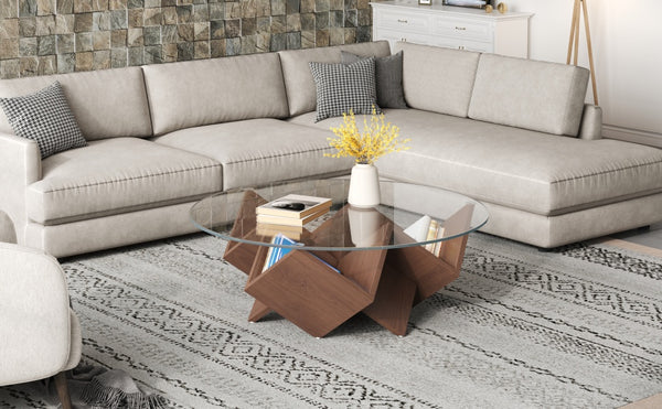English Elm The Round Coffee Table 35.4" — Glass Top, Geometric Art Deco Walnut Base with Integrated Storage Shelves N735P350383D