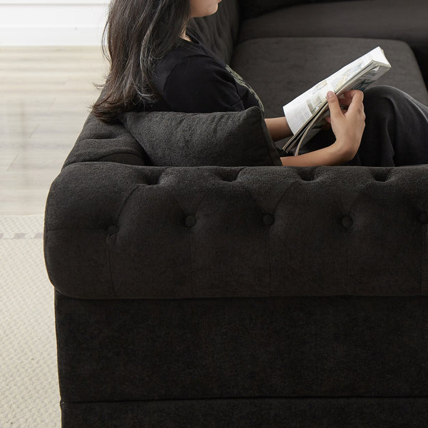 English Elm 135.5-inch Modern Chenille U-Shaped Sectional Sofa with Dual Chaise, Pull-Point Detail, Pillows, Wooden Legs Black W1926S00046