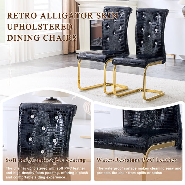 English Elm Set of 2 Glam Faux Alligator Pvc Dining Chairs with Crystal Buckle Bow Legs Black W3875P371066