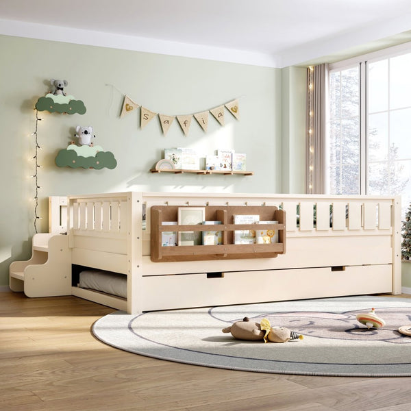 English Elm Twin Kids Platform Bed with Trundle Staircase Bookshelf and Rounded Safety Rails Beige W1580S00559