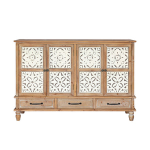 English Elm 59.06" Rustic Natural Wood Accent Cabinet with 4 Doors & 3 Drawers, Adjustable Shelves, Durable MDF W2295P290643