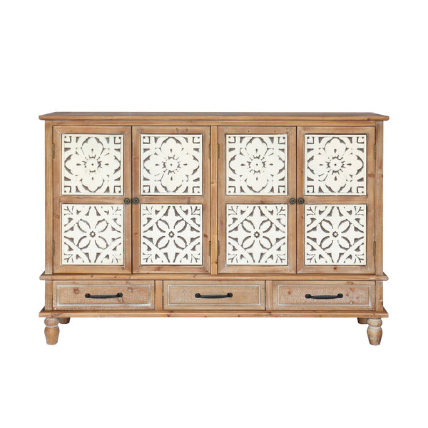 English Elm 59.06" Rustic Natural Wood Accent Cabinet with 4 Doors & 3 Drawers, Adjustable Shelves, Durable MDF W2295P290643