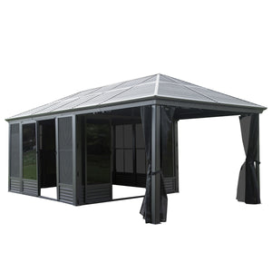 English Elm 11x21FT All-Season Sunroom Gazebo with Galvanized Roof, Lockable Sliding Doors, PE Screens & Curtains W1859P364854