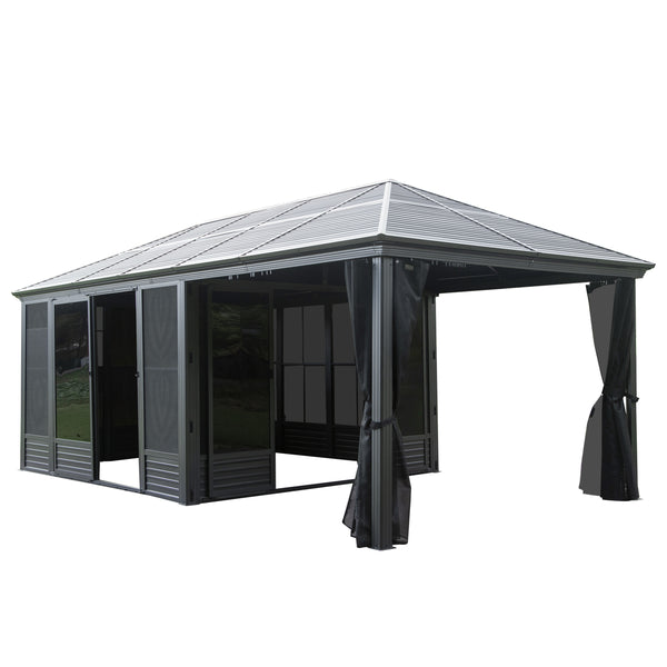 English Elm 11x21FT All-Season Sunroom Gazebo with Galvanized Roof, Lockable Sliding Doors, PE Screens & Curtains W1859P364854