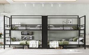 English Elm Queen Size Quadruple Metal Bunk Bed With Storage, Noise-Reducing Design & Sturdy Black Frame W1580S00156-GIGA