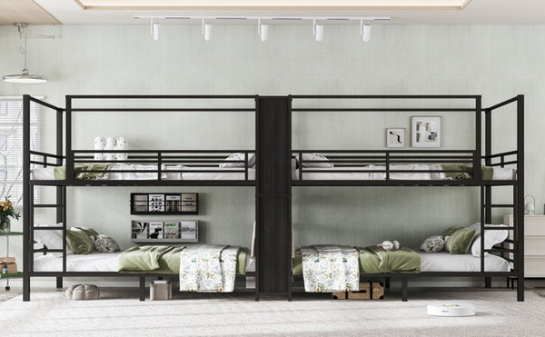 English Elm Queen Size Quadruple Metal Bunk Bed With Storage, Noise-Reducing Design & Sturdy Black Frame W1580S00156-GIGA