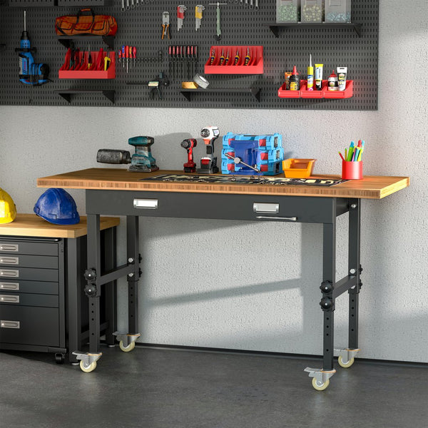 English Elm HOMCOM 59" Work Bench with Bamboo Top, Height Adjustable 10-Setting Mobile Workstation 1320lb W2225P217940