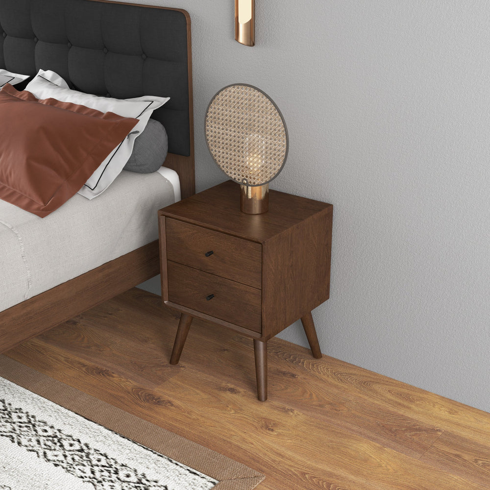 English Elm Ashcroft Furniture - Mid-Century Caroline Night Stand 2-Drawer Solid Walnut Brown Nightstand with Beveled Edges & Knobs, Compact Storage for Bedroom, Dorm, Office B183P231846