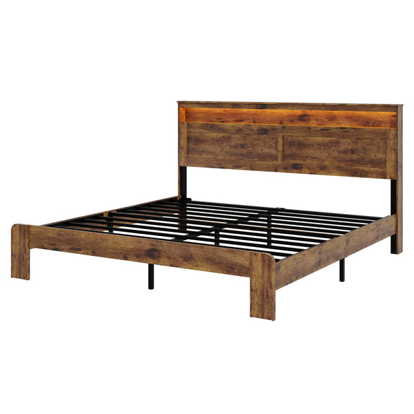 English Elm Bed Frame King Size - Modern Wooden Platform With Led Headboard, Usb Ports & Ample Under-Bed Storage W636P233485