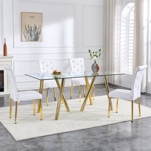 English Elm 71-inch Tempered Glass Dining Table Electroplated Metal Base Open Airy Modern Style Gold W3875S00006