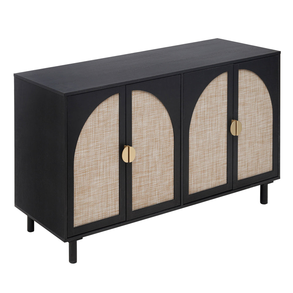English Elm 4 Engineered Rattan 4-Door Storage Cabinet with Pine Feet, Moisture-Proof Durable Finish, Sleek Handles Black W688134376