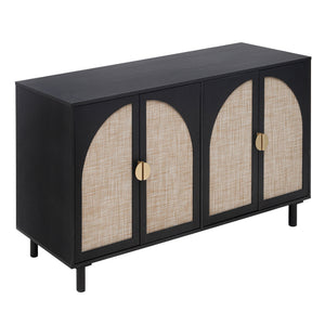 English Elm 4 Engineered Rattan 4-Door Storage Cabinet with Pine Feet, Moisture-Proof Durable Finish, Sleek Handles Black W688134376