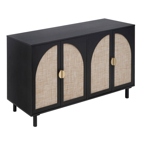 English Elm 4 Engineered Rattan 4-Door Storage Cabinet with Pine Feet, Moisture-Proof Durable Finish, Sleek Handles Black W688134376