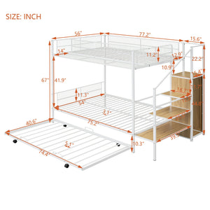 English Elm Twin Metal Bunk Bed with Trundle, Lateral Storage Ladder & Wardrobe | Space-Saving Durable Design White SF000173AAK